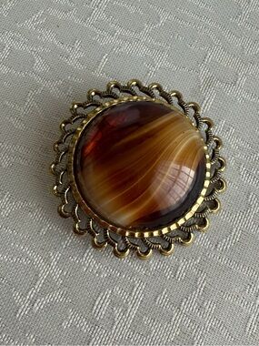 Vintage Western Germany Brown Cabochon Gold-Tone Brooch